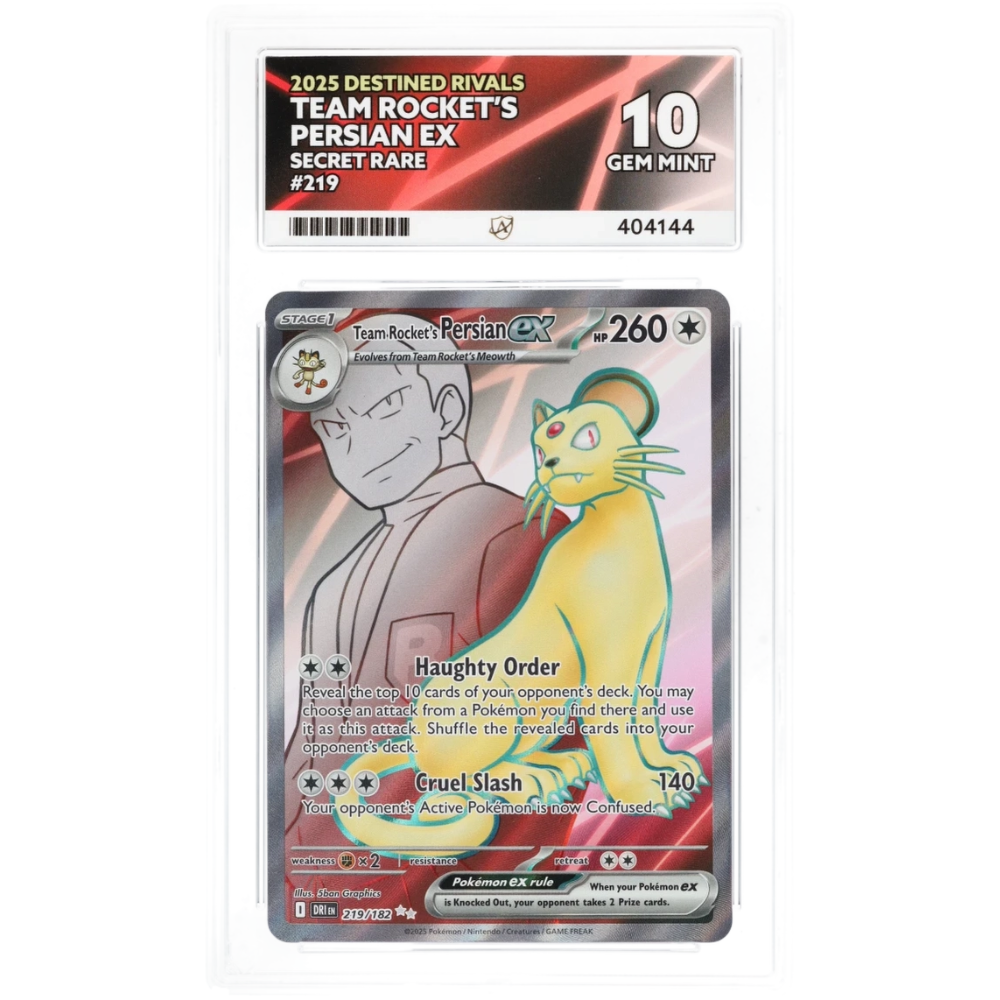 2025 Pokémon Destined Rivals Team Rocket’s Persian ex 219/182 – Secret Rare – ACE Gem Mint 10